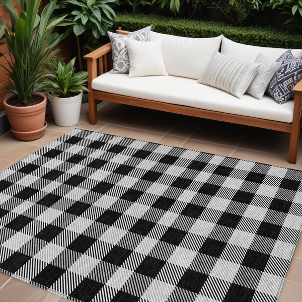 Homeroots 9' X 12' Black Gray And Ivory Plaid Washable Indoor Outdoor Area Rug 595467 - main