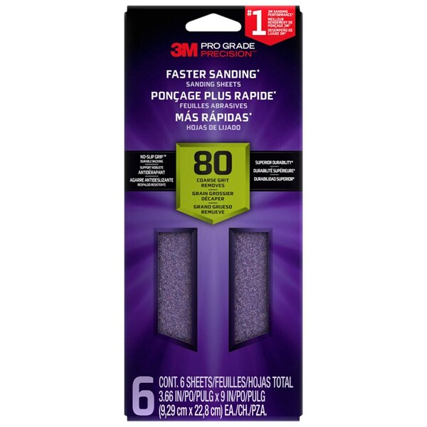 3M 3 2/3in x 9in SHTR80-PGP-6T Pro Grade Precision Faster Sanding, Sanding Sheets, 80-Grit Coarse, SHR320-PGP-3T - main