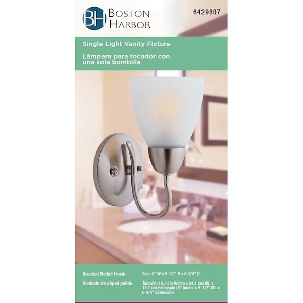 Boston Harbor Single Light Vanity Fixture, 120 V, 60 W, A19 or CFL Lamp, Steel Fixture, Brushed Nickel Fixture A2242-73L - main