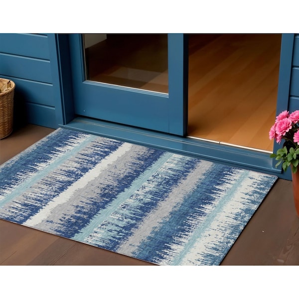 Homeroots 3' X 5' Blue Gray And Ivory Striped Washable Indoor Outdoor Area Rug 598328 - main