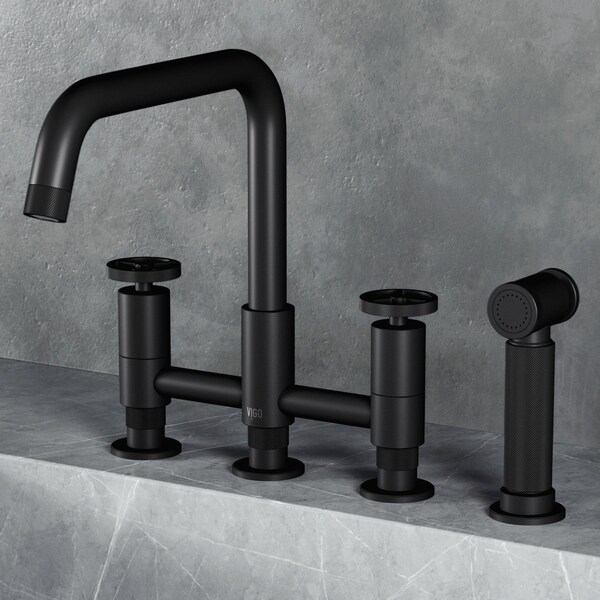 Vigo Cass Two-Handle Widespread Bridge Kitchen Faucet with Side Sprayer in Matte Black VG02051MB - main