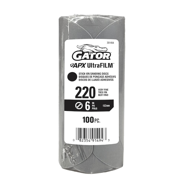 Gator Finishing 6 in. Premium Hook and Loop Sanding Disc, 220 Grit, 100PK 391494 - main
