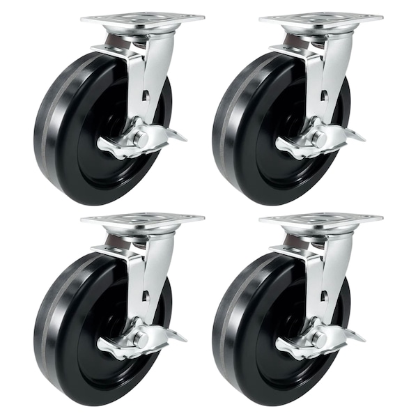 Hyw Products Heavy Duty Caster Set 8in Phenolic Wheels, 4 Swivel with Brake, 4PK 40-80S-A1-PH-TB-4 - main