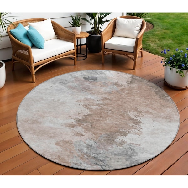 Homeroots 8' Brown Ivory And Gray Round Abstract Washable Indoor Outdoor Area Rug 617409 - main