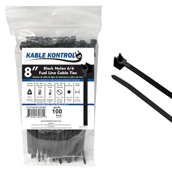 Kable Kontrol Fuel Line Radius Cable Zip Ties, 8 in L, 1.95 in Max Bundle Dia., Black, Nylon 6-6, 50 lbs Strength flct-08-50-100-bk - main