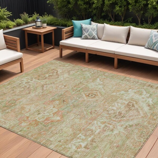 Homeroots 8' X 10' Salmon Fern Green And Beige Floral Medallion Washable Indoor Outdoor Area Rug 616631 - main