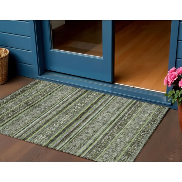 Homeroots 3' X 5' Olive Green Gray And Fern Green Southwestern Washable Indoor Outdoor Area Rug 615968 - main