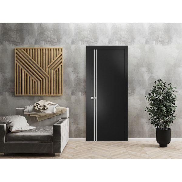 Sartodoors Modern Solid Interior Door with Handle, Planum 0310 Black Matte and Aluminum Strips, Single Regural PLANUM0310ID-BLK-3696 - main