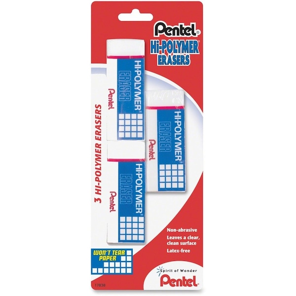 Pentel HI-POLYMER ERASER, RECTANGULAR, MEDIUM, WHITE, LATEX-FREE HI-POLYMER, 3PK ZEH10BP3K6 - main