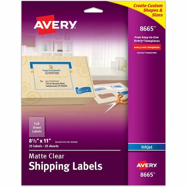 Avery Dennison Avery, MATTE CLEAR SHIPPING LABELS, INKJET PRINTERS, 8.5 X 11, CLEAR, 25PK 8665 - main