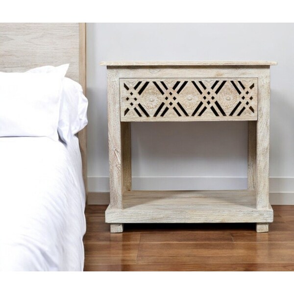 Homeroots 28" White Solid Wood Distressed Carved Geometric One Drawer Nightstand 555401 - main