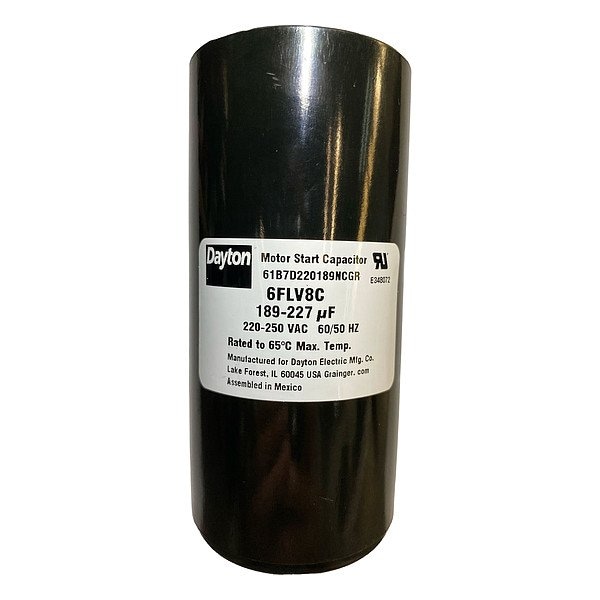 Dayton Motor Start Capacitor, 220 to 250V AC, 189-227 mfd, Round, 4 3/8 in Case Ht, 2 1/16 in Dia 6FLV8 - main