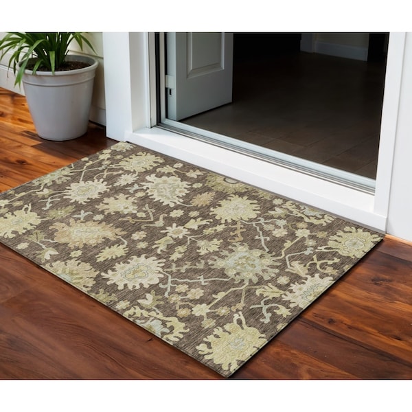 Homeroots 3' X 5' Chocolate And Beige Floral Washable Indoor Outdoor Area Rug 605193 - main