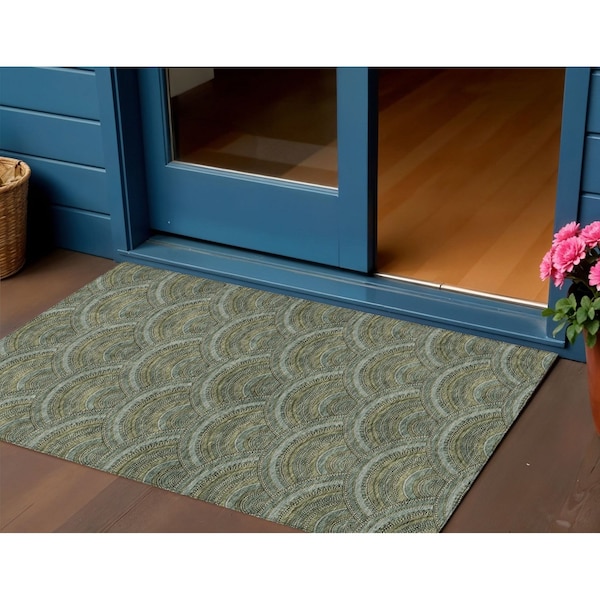Homeroots 3' X 5' Olive Green Fern Green And Silver Geometric Washable Indoor Outdoor Area Rug 615212 - main
