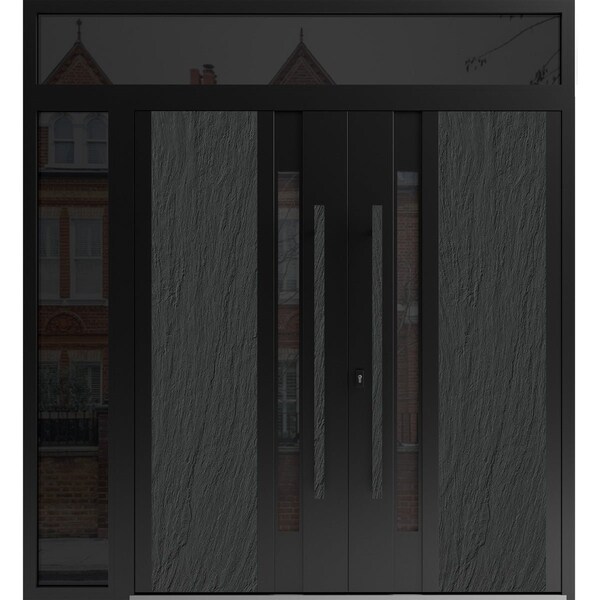 Vdomdoors Aluminum Double Doors Dekton 0163 Ardesia Nero / 1 Sidelight and Top Transom Entry Door Painted (W8 DEKTON0163DEXD-ARD-W72+12xH80+14-RH-I - main