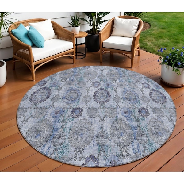 Homeroots 8' Navy Blue And Sky Blue Round Damask Washable Indoor Outdoor Area Rug 588144 - main
