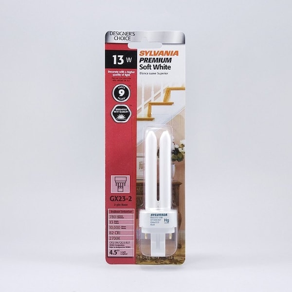 Sylvania Compact Fluorescent Bulb, 13 W, T4 Lamp, GX23 Lamp Base, 671 Lumens, 2700 K Color Temp, Soft White 20480 - main