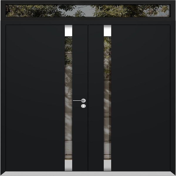Vdomdoors Aluminum Double Doors Cynex 6777 Black Top Transom Mirrored Clear Glass Modern Painted (W72xH96+12) CYNEX6777DEXD-BLK-W72xH96+12-RH-O - main