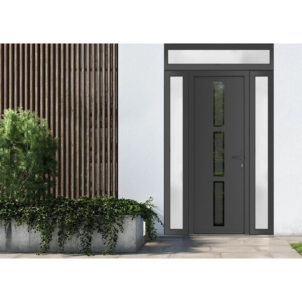 Vdomdoors Front Exterior Prehung Metal-Plastic Door, Manux 8112 Antracite Grey, 2 Side and Top Sidelite Trans MANUX8112EXD-ANT-W16+36+16xH80+14-LH - main