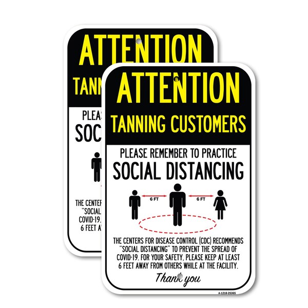Signmission Attention Tanning Customers Practice Social Distancing, 18'' X 24'', Heavy Gauge Aluminum, 2PK A-1824-2PACK-25365 - main