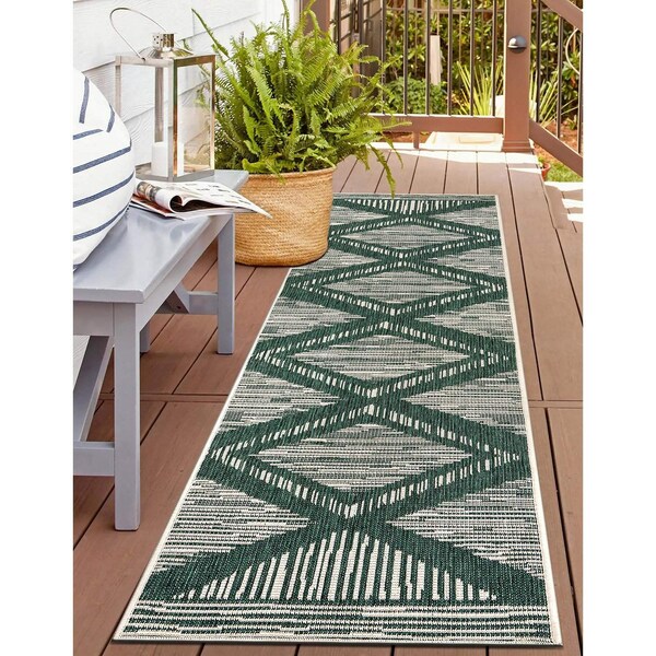 World Rug Gallery Contemporary Geometric Stripe Weather Resistant Reversible Indoor/Outdoor Rug 2 ft x 7 ft Green WR109GREEN2X7 - main