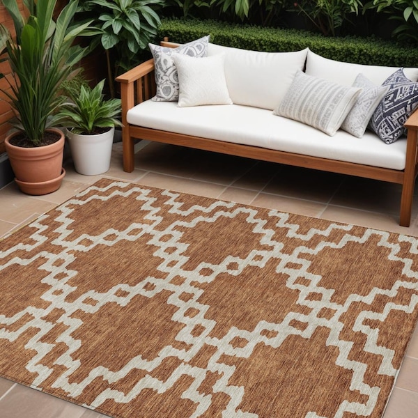 Homeroots 9' X 12' Brown And Ivory Geometric Washable Indoor Outdoor Area Rug 593784 - main