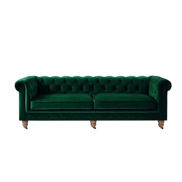 Homeroots 93" Hunter Green Velvet Chesterfield Wood Sofa 543985 - main