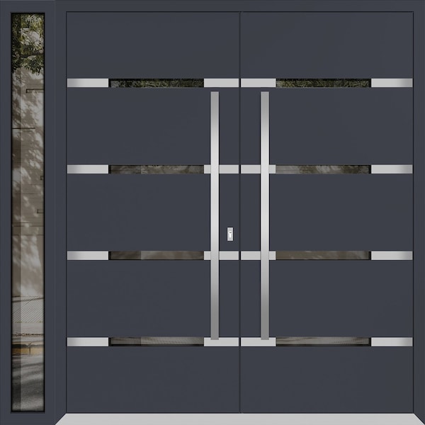 Vdomdoors Metal Double Doors Deux 1105 Gray Graphite Mirrored Glass 1 Sidelight Entry Modern Painted 84x80 (W DEUX1105DEXD-GRE-W72+12xH80-LH-O - main