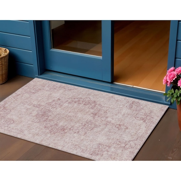 Homeroots 3' X 5' Pink Floral Medallion Washable Indoor Outdoor Area Rug 607914 - main