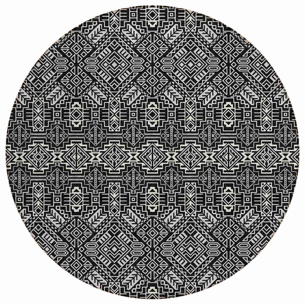 Homeroots 8' Black And Ivory Round Tribal Washable Indoor Outdoor Area Rug 614205 - main