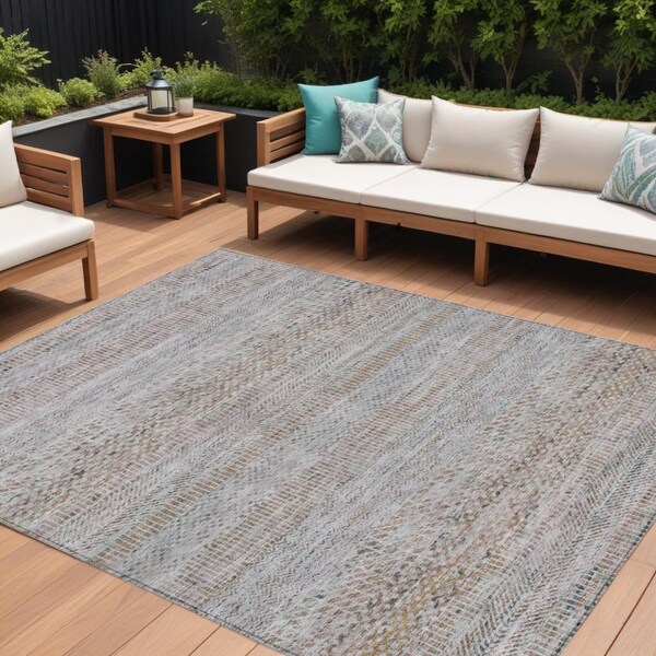 Homeroots 9' X 12' Linen And Gray Striped Washable Indoor Outdoor Area Rug 615672 - main