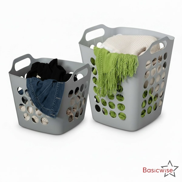 Basicwise Set of 2 Plastic Laundry Baskets with Handles Large & Small Ventilated Hampers, Grey QI003857GY.2 - main