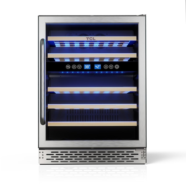 Tcl 5.1 Cu. Ft. 46-Bottle Wine Cooler, Dual-Zone, Digital Controls, LED Light, Glass Door, Stainless TRW46B8AS - main