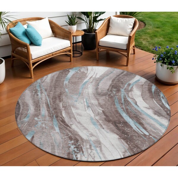Homeroots 8' Taupe Sky Blue And Ivory Round Abstract Washable Indoor Outdoor Area Rug 617445 - main