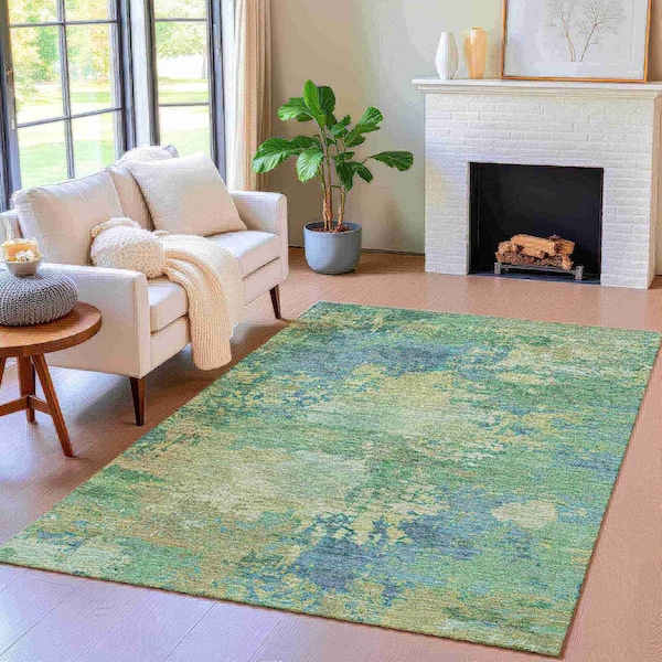 Homeroots 3' X 5' Teal Blue Beige And Denim Blue Abstract Washable Indoor Outdoor Area Rug 630747 - main