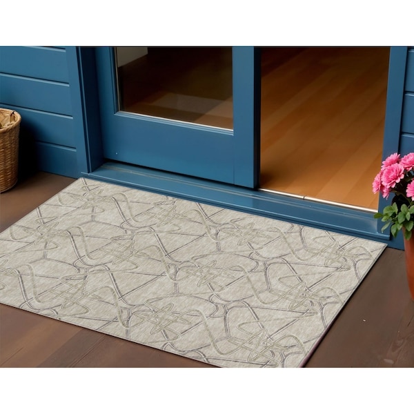 Homeroots 3' X 5' Beige Ivory And Gray Geometric Washable Indoor Outdoor Area Rug 612821 - main