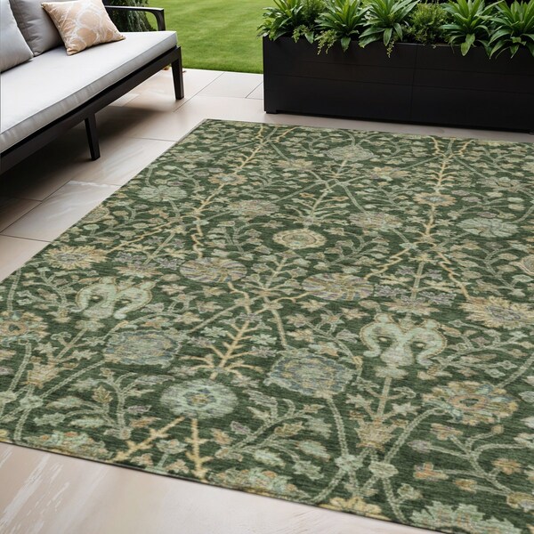 Homeroots 5' X 8' Green Tan And Gray Floral Washable Indoor Outdoor Area Rug 603462 - main