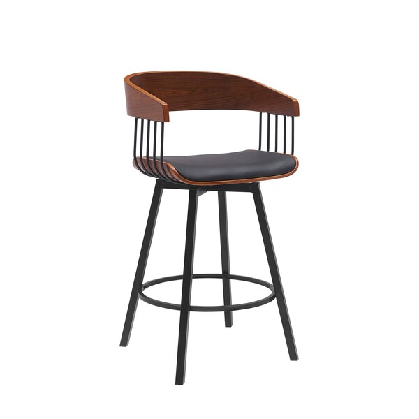 Armen Living Athena 27in Swivel Walnut Wood Counter Stool in Black Faux Leather with Black Metal LCATBAWABLK26 - main