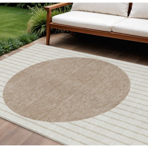 Homeroots 8' X 10' Ivory And Brown Striped Washable Indoor Outdoor Area Rug 597172 - main