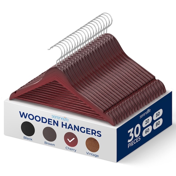 Serenelife Wooden Coat Hangers, Durable Suit Hangers, 360 Deg Swivel Hook and Notches, Slim Design, Cherry, 30PK SLHWDCHRY30 - main