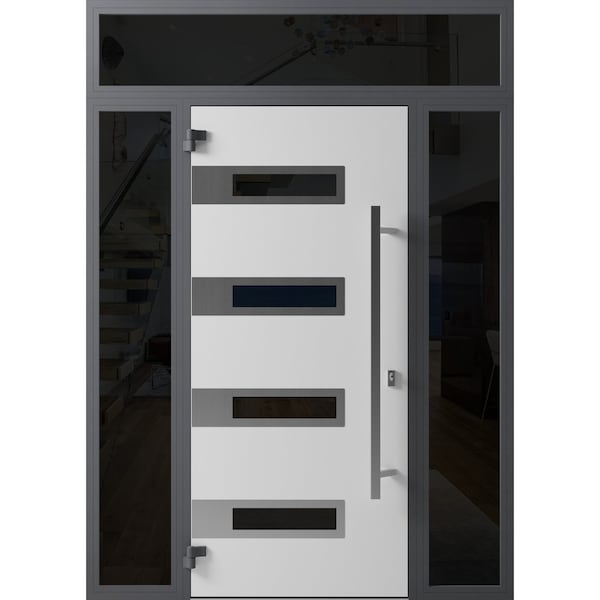 Vdomdoors Front Exterior Prehung Steel Door Ronex0131 Black Enamel 2 Sidelight and Transom Window Sidelite RONEX0131EXD-BLK-W16+36+16 X H80+16-RH-I - main