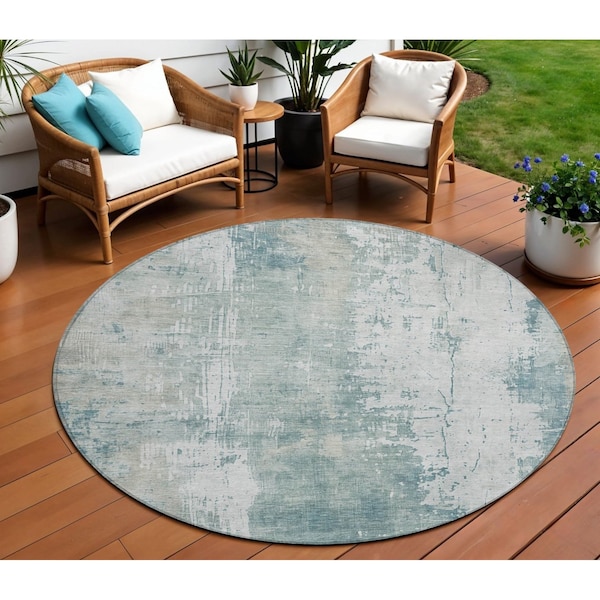 Homeroots 8' Turquoise And Ivory Round Abstract Washable Indoor Outdoor Area Rug 616204 - main
