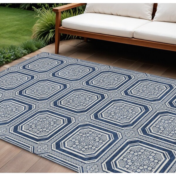Homeroots 9' X 12' Navy Blue And Ivory Geometric Washable Indoor Outdoor Area Rug 610839 - main