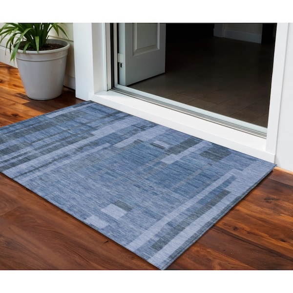 Homeroots 3' X 5' Navy Blue And Gray Striped Washable Indoor Outdoor Area Rug 602791 - main