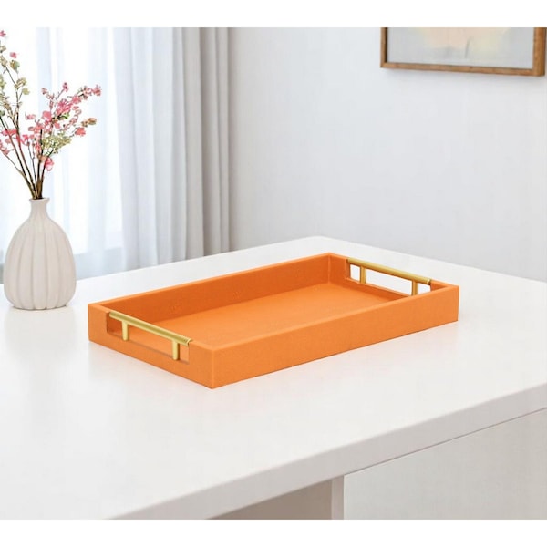 Homeroots 16" Orange And Gold Faux Shagreen Handmade Serving Tray With Handles 625650 - main
