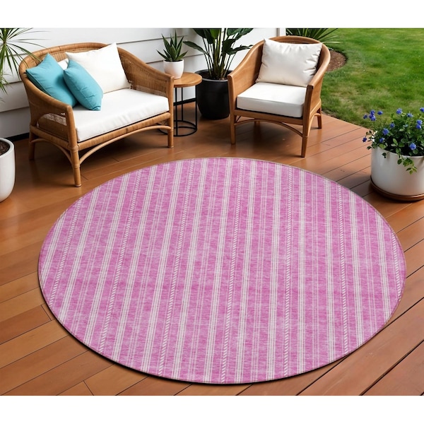 Homeroots 8' Blush And Ivory Round Striped Washable Indoor Outdoor Area Rug 595855 - main