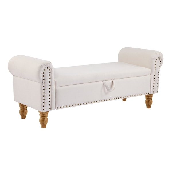 Homeroots 55in Beige and Brown Linen and Solid Wood Upholstered Storage Bench With Flip Top 724169 - main