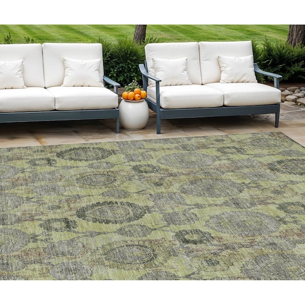 Homeroots 9' X 12' Artichoke Green And Gray Damask Washable Indoor Outdoor Area Rug 588134 - main