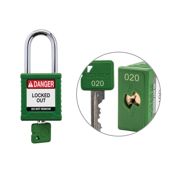 Brady Keyed Alike Padlock Unique Set Nylon Grn 1.5 in Steel Shackle Keycode 20 SDPL-GRN-38ST-020 - main