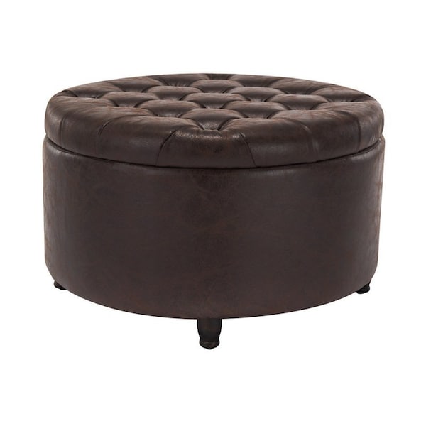 Niche Knight 28 in Large Round Pintucked Storage Ottoman with Lift off lid - Brown Faux Leather N6270TF - main